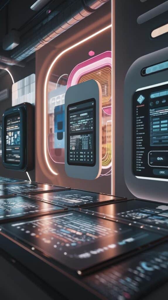 Experience Chat Innovation With Chatbot Design In Free Website Chat Widget Futuristic tech displays with interactive digital interfaces in modern, neon-lit environment. | Sky Rye Design Futuristic tech displays with interactive digital interfaces in modern, neon-lit environment.