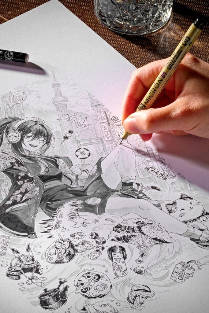 Experience Japanese Excellence with Waterproof Sakura Pigma Pens _ Ken Bromley Art Supplies 🎨 Hand drawing intricate anime artwork with pen, featuring a detailed character and cultural elements. | Sky Rye Design Hand drawing intricate anime artwork with pen, featuring a detailed character and cultural elements.