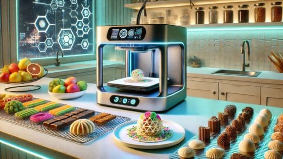Exploring the Delicious World of 3D Printing Food 3D food printer creating intricate desserts in a modern kitchen with fruits and treats on the counter. | Sky Rye Design 3D food printer creating intricate desserts in a modern kitchen with fruits and treats on the counter.