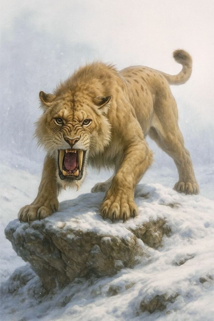 Fierce saber-toothed cat snarling on a snowy rock, showcasing its powerful stance and sharp teeth amidst a wintry landscape.