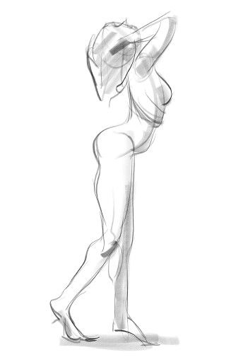 Pencil sketch of a standing female figure, showcasing dynamic pose and artistic shading.