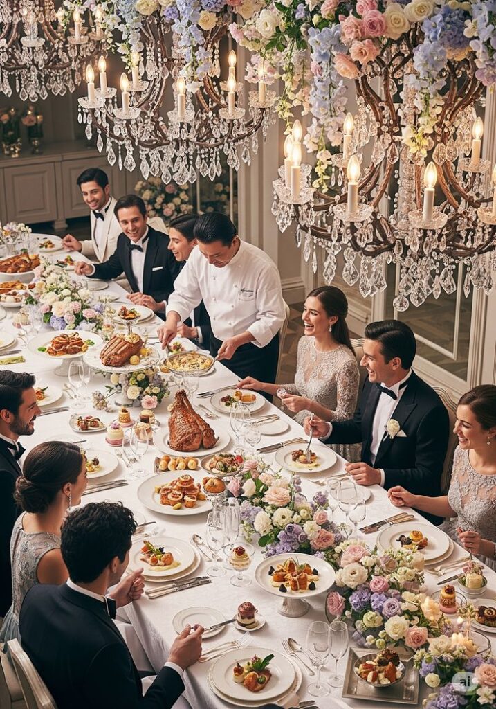 FAMOUS AND EXPENSIVE WEDDING DINNER IN 2025 Elegant dinner party with guests in formal attire, chef serving gourmet dishes, floral decorations, and chandeliers in a lavish setting. | Sky Rye Design Elegant dinner party with guests in formal attire, chef serving gourmet dishes, floral decorations, and chandeliers in a lavish setting.