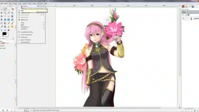 Anime character with pink hair holding flowers, edited in GIMP software, displaying graphic design interface background.