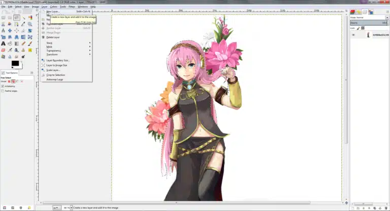 FEWAG9PIGHVEN7Z Anime character with pink hair holding flowers, edited in GIMP software, displaying graphic design interface background. | Sky Rye Design Anime character with pink hair holding flowers, edited in GIMP software, displaying graphic design interface background.