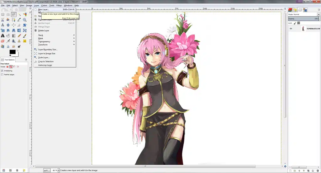 Anime character with pink hair holding bright flowers in GIMP editing interface. Art in progress on digital software screen.