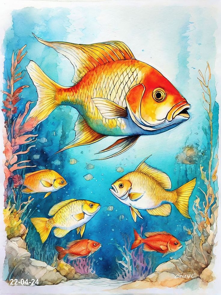 Colorful watercolor painting of vibrant orange and yellow fish swimming in a coral reef. Ideal for ocean and marine art themes.