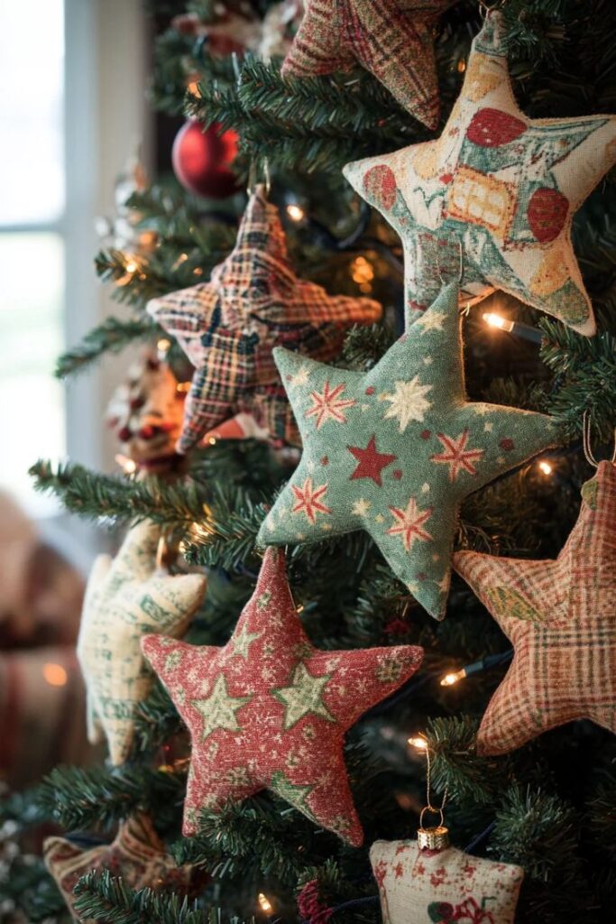 Quilted star ornaments on a Christmas tree, creating a festive and cozy holiday atmosphere with colorful fabric patterns and lights.