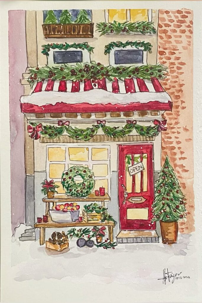 Festive Christmas storefront watercolor featuring wreaths, garlands, and a decorated tree under a striped awning, with an Open sign.