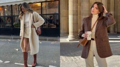 Two women showcase stylish autumn outfits: one in a cozy coat and boots, the other in a plaid blazer with a coffee cup.