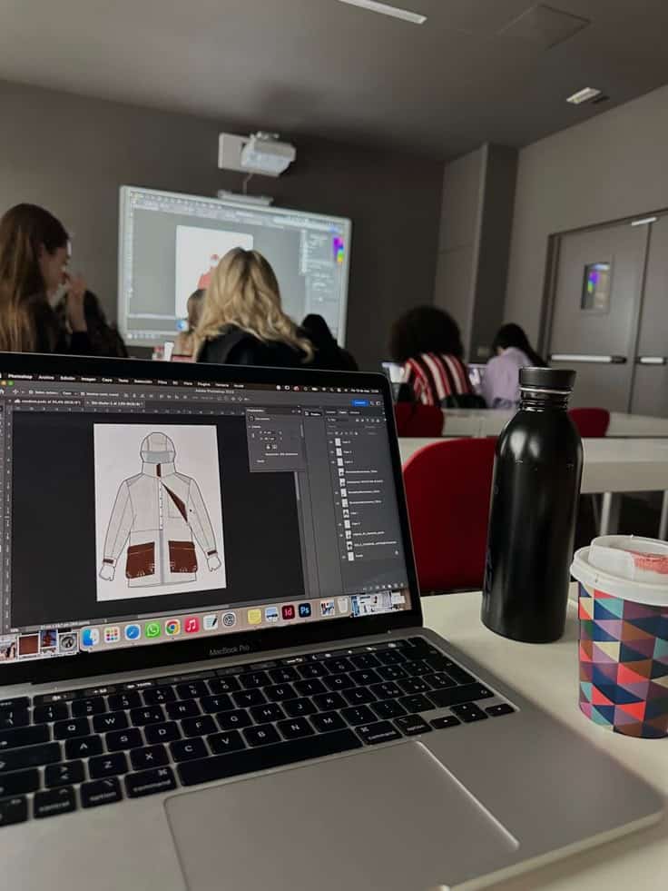 Laptop displaying jacket design in a classroom with students and a presentation.
