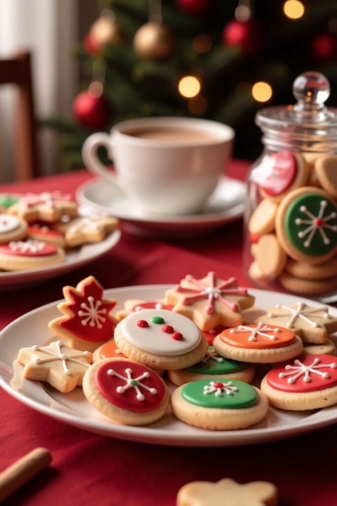 Festive Sugar Cookie Spread_ Delicious Holiday Treats to Share with Loved Ones Festive holiday cookies with icing, a cozy cup of coffee, and a decorated tree in the background. | Sky Rye Design Festive holiday cookies with icing, a cozy cup of coffee, and a decorated tree in the background.