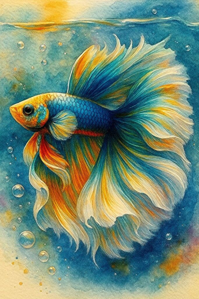 Vibrant watercolor painting of a Betta fish with flowing fins in blue, orange, and yellow, surrounded by bubbles against a blue background.
