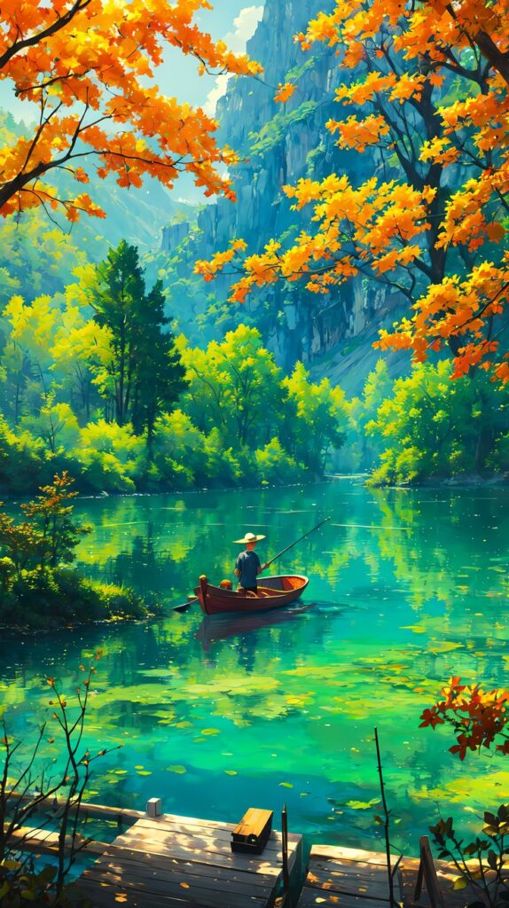 A person in a small boat fishes on a vibrant lake surrounded by autumn trees and mountains under a sunny sky. Scenic autumn landscape.
