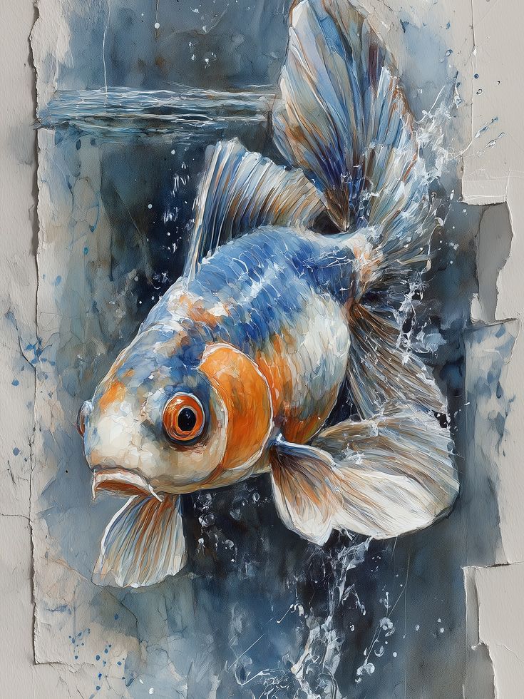 Watercolor painting of a vibrant blue and orange koi fish leaping out of water, surrounded by splashes. fish drawing ideas