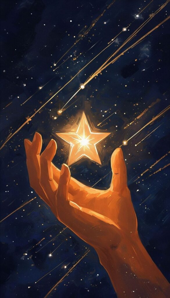 Hand reaching for a glowing star in a starry night sky, symbolizing aspiration and dreams. Artistic celestial illustration.