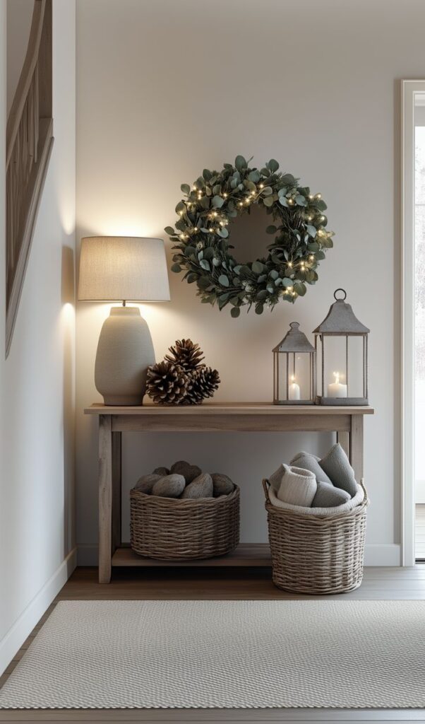 Foyer Decorated with Winter Decor Transitional from Christmas to New Year Cozy hallway decor with lamp, wreath, two lanterns, baskets, and pine cones on a wooden console table. | Sky Rye Design Cozy hallway decor with lamp, wreath, two lanterns, baskets, and pine cones on a wooden console table.