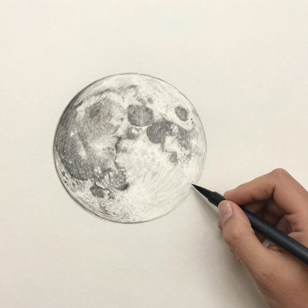 Fram45653 Hand drawing a detailed pencil sketch of the moon on white paper with a black pen, showcasing lunar craters and surface texture. | Sky Rye Design Hand drawing a detailed pencil sketch of the moon on white paper with a black pen, showcasing lunar craters and surface texture.