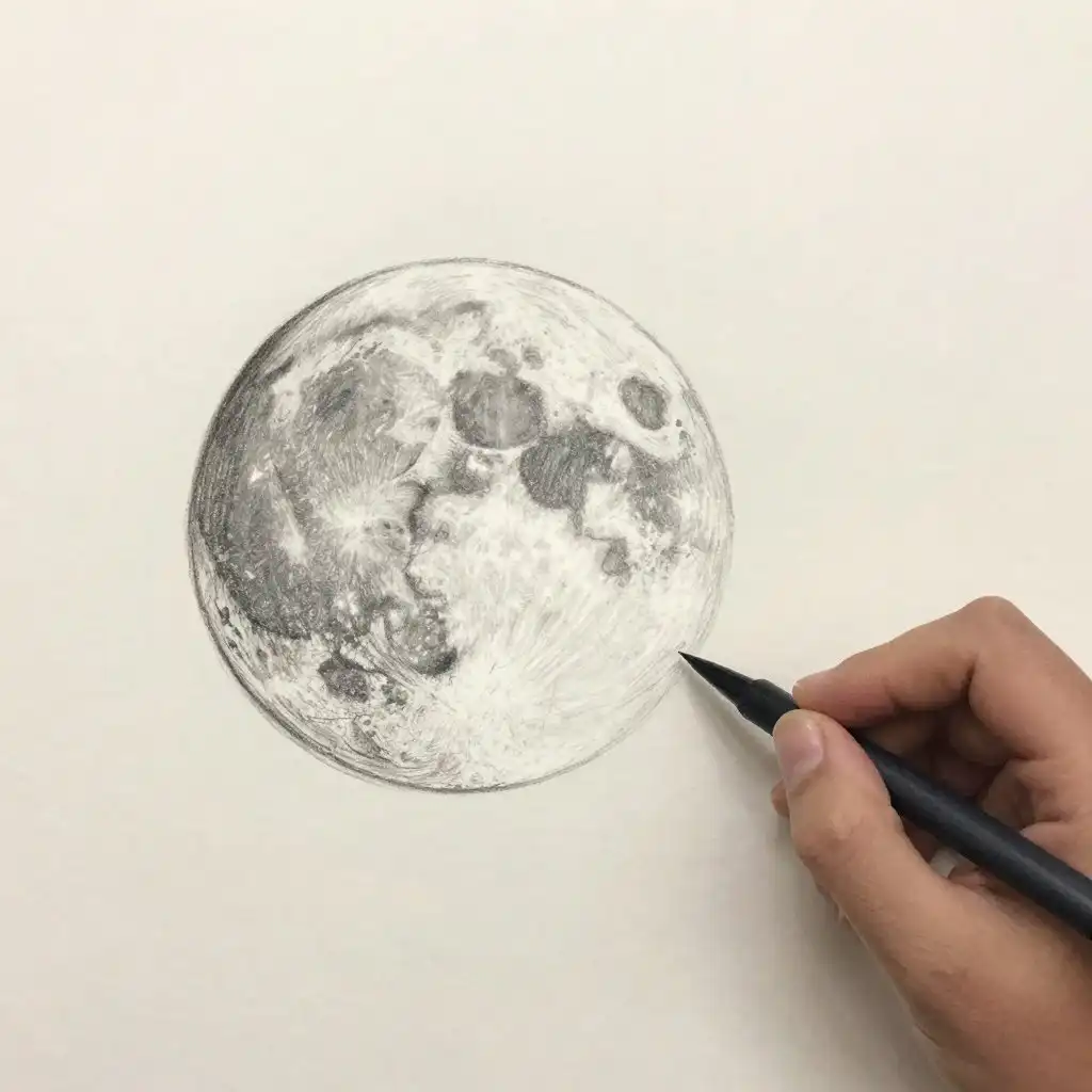 Fram45653 Hand drawing a detailed pencil sketch of the moon on white paper with a black pen, showcasing lunar craters and surface texture. | Sky Rye Design Hand drawing a detailed pencil sketch of the moon on white paper with a black pen, showcasing lunar craters and surface texture.