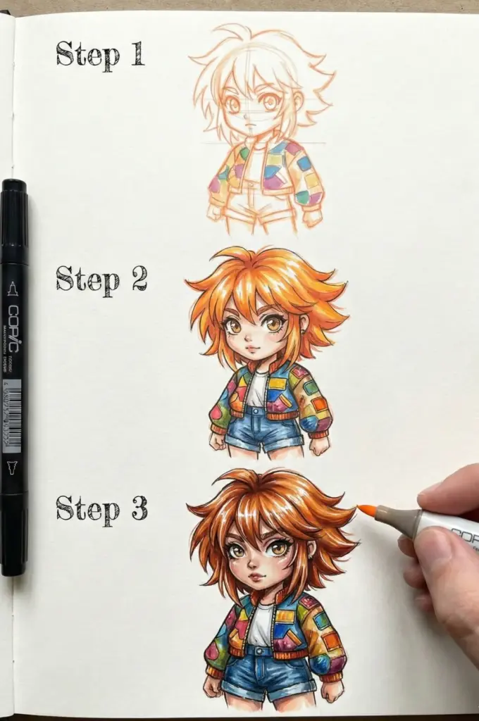 Step-by-step chibi character drawing: sketch, color, and detail with markers. Cute orange-haired figure in a colorful outfit.