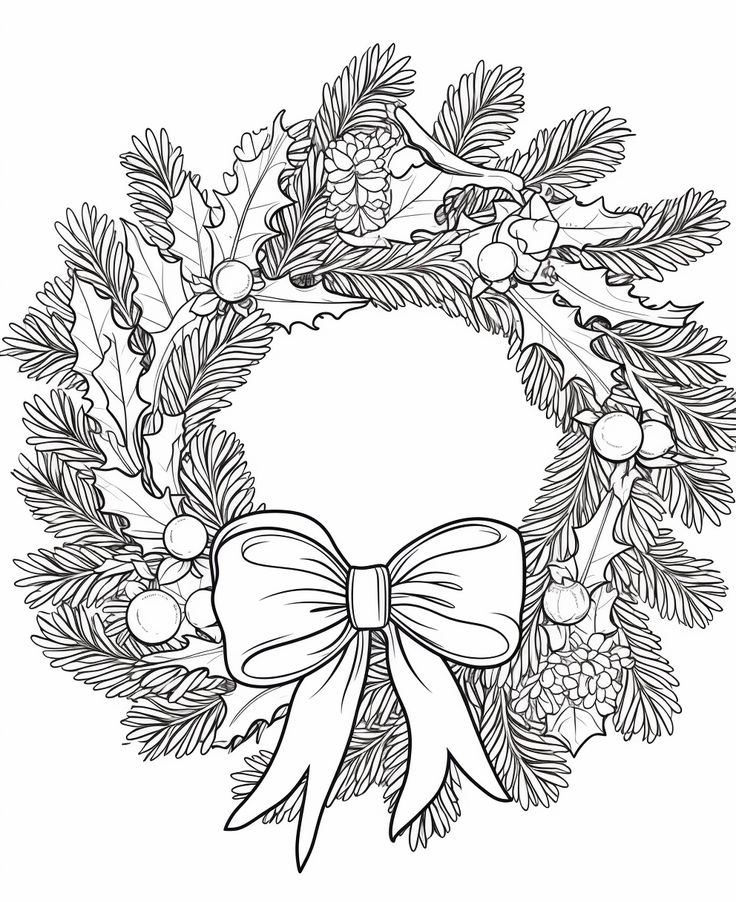 Black and white Christmas wreath coloring page featuring holly, pine cones, and a large bow for holiday crafts.