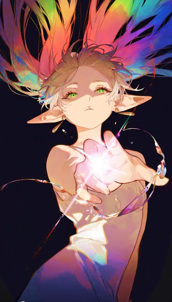 Frieren wallpaper Fantasy elf with glowing green eyes and rainbow hair holds a shining light, illustrating magic and wonder against a dark background. | Sky Rye Design Fantasy elf with glowing green eyes and rainbow hair holds a shining light, illustrating magic and wonder against a dark background.