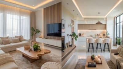 Modern open-plan living room and kitchen design with cozy seating, wooden furniture, soft lighting, and stylish decor elements.