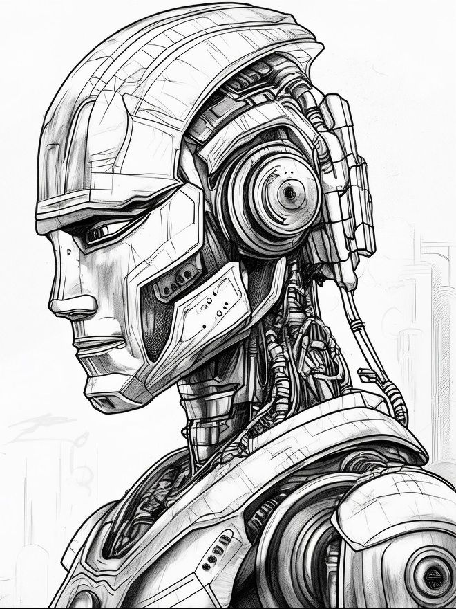 Futuristic robot sketch displaying detailed mechanical features and intricate design elements in black and white.