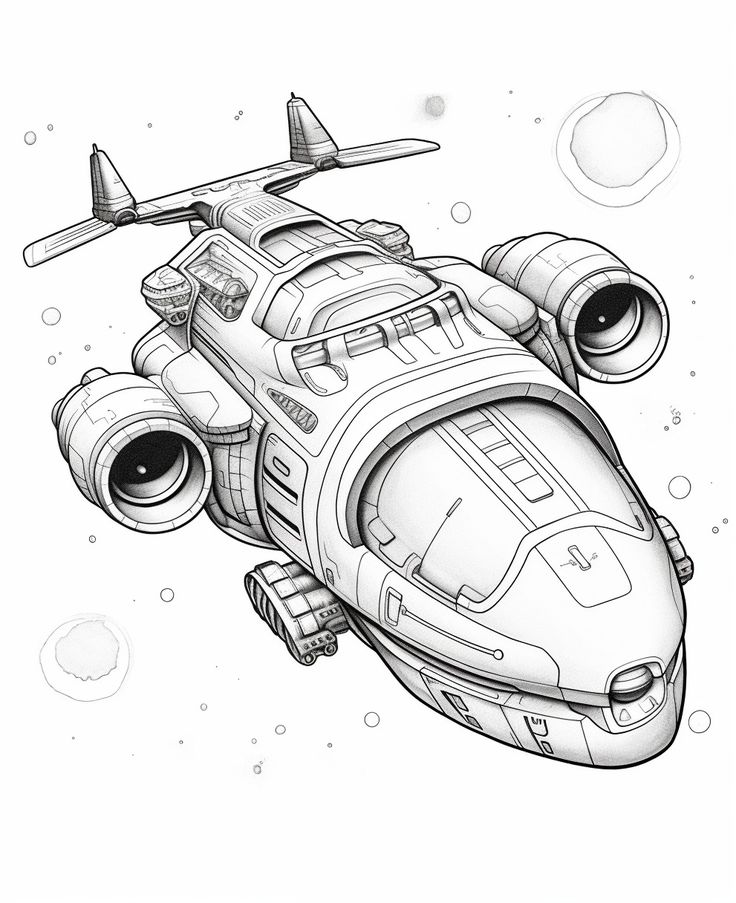 Futuristic Starships Coloring Book_ Cosmic Adventures - Magnificent Futuristic Spaceships Detailed black and white illustration of a futuristic spaceship in space with circular engines and sleek design, set against a starry backdrop. | Sky Rye Design Detailed black and white illustration of a futuristic spaceship in space with circular engines and sleek design, set against a starry backdrop.