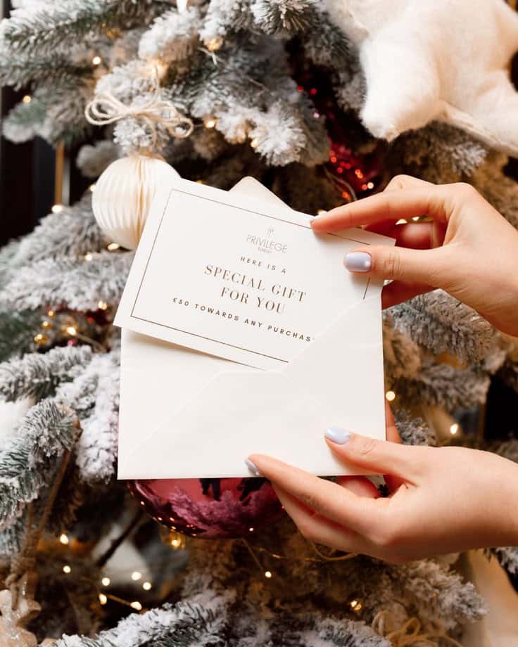GIFT CERTIFICATE Hands holding a gift card envelope in front of a decorated Christmas tree, perfect for holiday gifting and festive cheer. | Sky Rye Design Hands holding a gift card envelope in front of a decorated Christmas tree, perfect for holiday gifting and festive cheer.