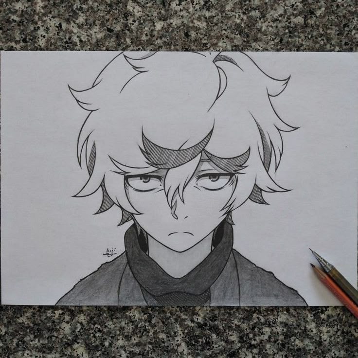 Gabimaru Anime character pencil sketch with tousled hair and neutral expression on a textured background. | Sky Rye Design Anime character pencil sketch with tousled hair and neutral expression on a textured background.