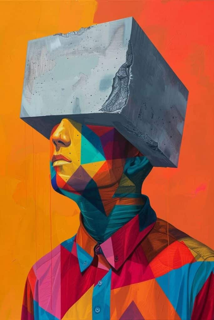 Abstract art of a person in vibrant geometric patterns with a concrete block on their head, set against a bright orange background.