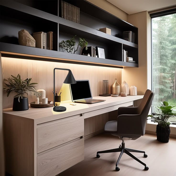 Modern home office with wooden desk, laptop, lamp, swivel chair, and decorative plants, overlooking a lush green outdoor view.