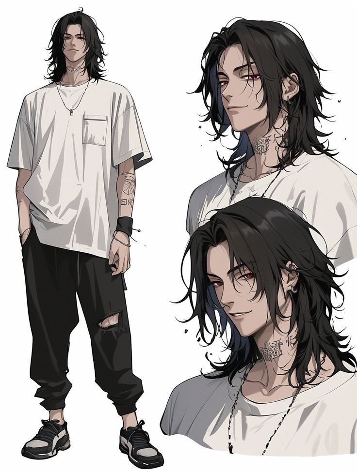 Geto Anime character with long black hair, red eyes, and tattoos, wearing a white t-shirt and black pants. Cool, stylish, and trendy design. | Sky Rye Design Anime character with long black hair, red eyes, and tattoos, wearing a white t-shirt and black pants. Cool, stylish, and trendy design.