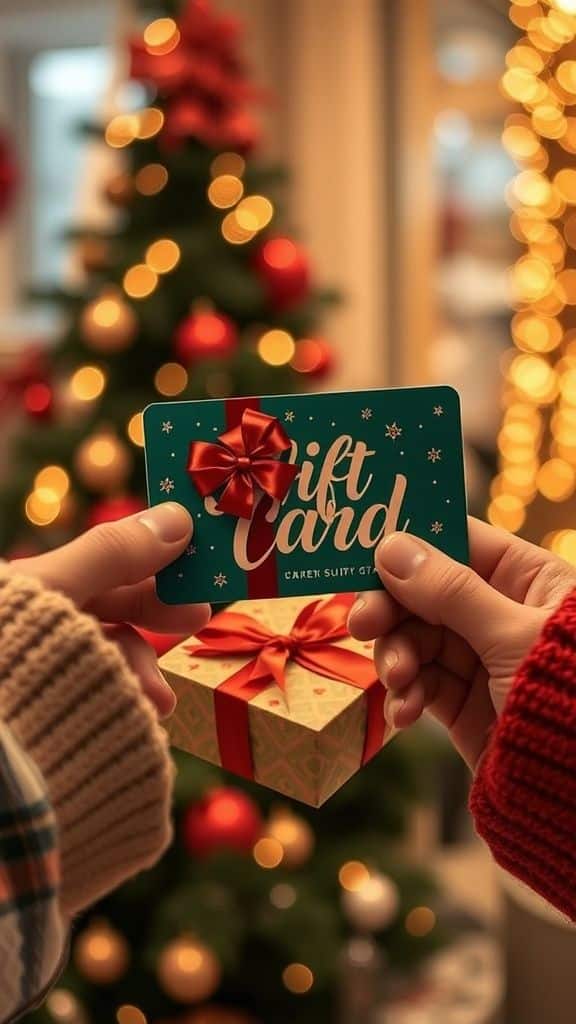 Gift Card Exchange Hands exchanging a gift card with holiday decor, a wrapped present, and a Christmas tree with lights in the background. Holiday giving. | Sky Rye Design Hands exchanging a gift card with holiday decor, a wrapped present, and a Christmas tree with lights in the background. Holiday giving.