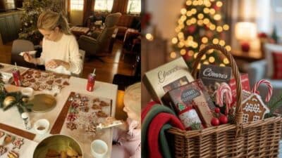 Family decorating Christmas cookies with festive gift basket in cozy holiday setting.
