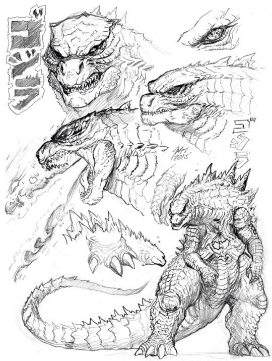 Godzilla disegni Pencil sketches of a giant lizard-like monster with multiple detailed expressions and poses, alongside stylized Japanese text. | Sky Rye Design Pencil sketches of a giant lizard-like monster with multiple detailed expressions and poses, alongside stylized Japanese text.