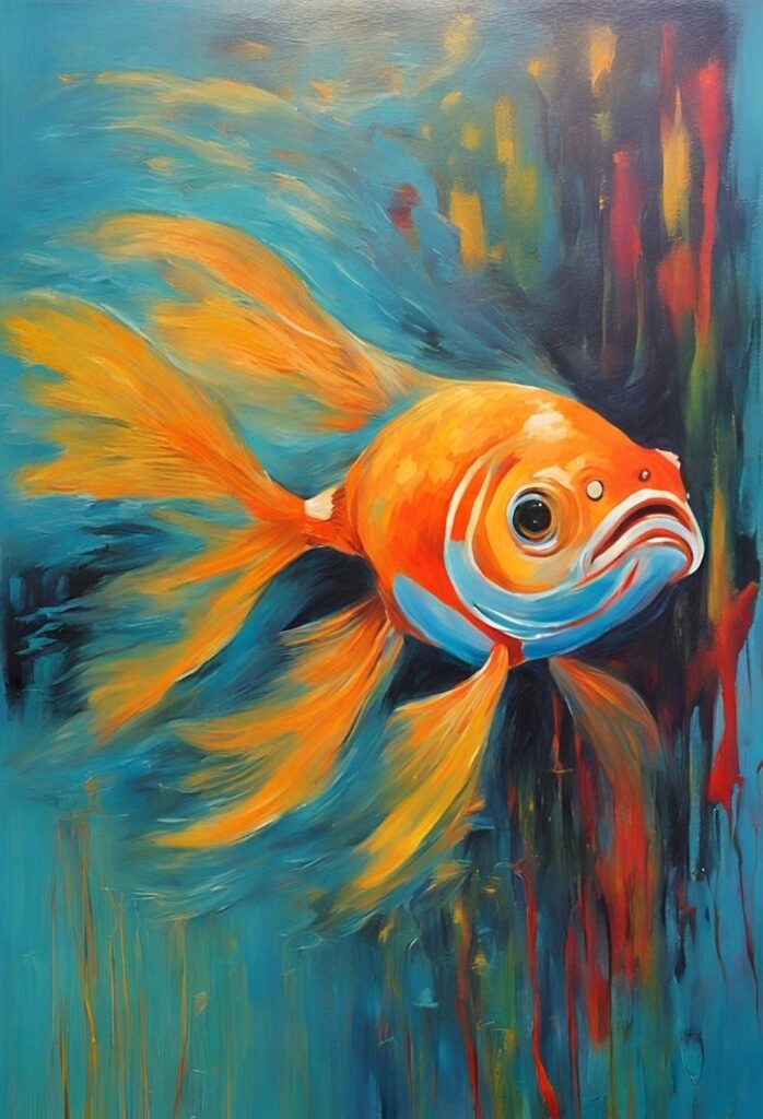 Vibrant colorful painting of a goldfish swimming in blue water, showcasing dynamic orange and blue brushstrokes.