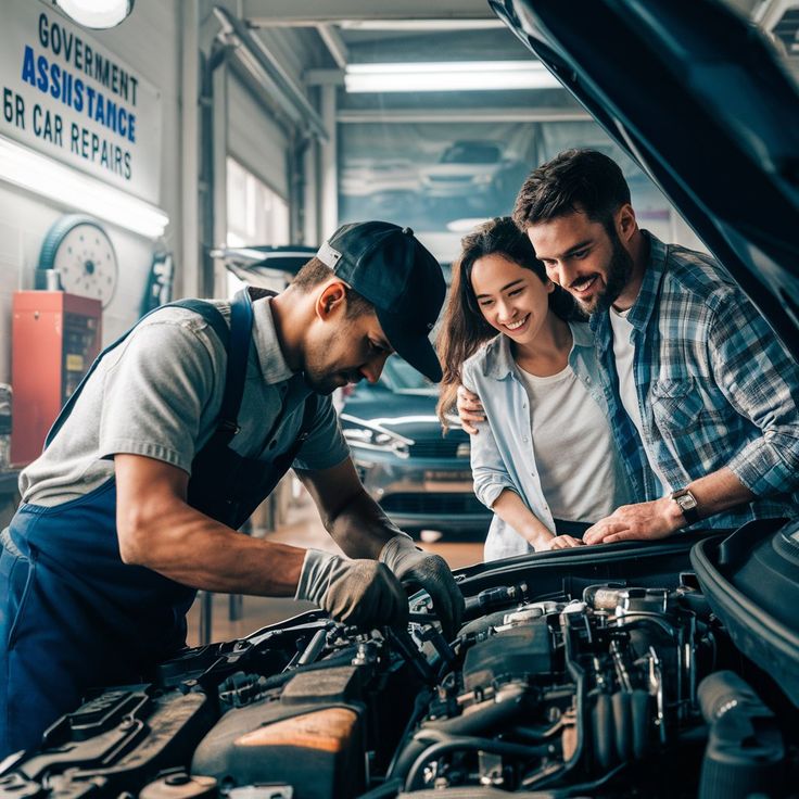 Government Assistance for Car Repairs_ Your Complete Guide Mechanic repairing car engine as smiling couple observes in auto repair shop. | Sky Rye Design Mechanic repairing car engine as smiling couple observes in auto repair shop.