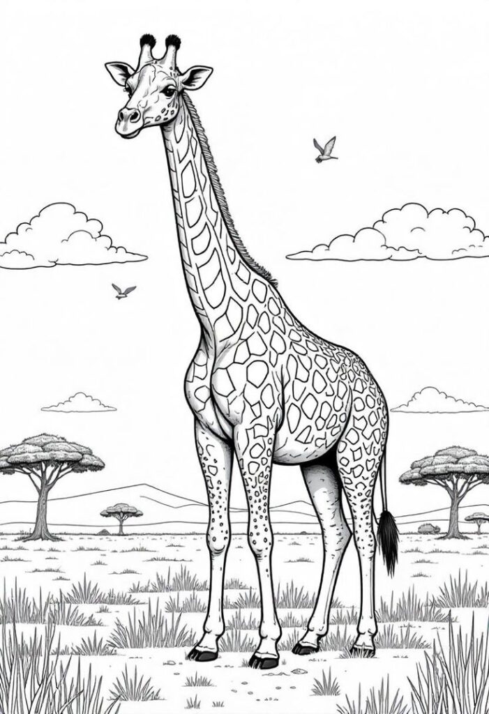 Illustrated giraffe standing in an African savanna with acacia trees and birds. Black and white sketch, perfect for coloring.
