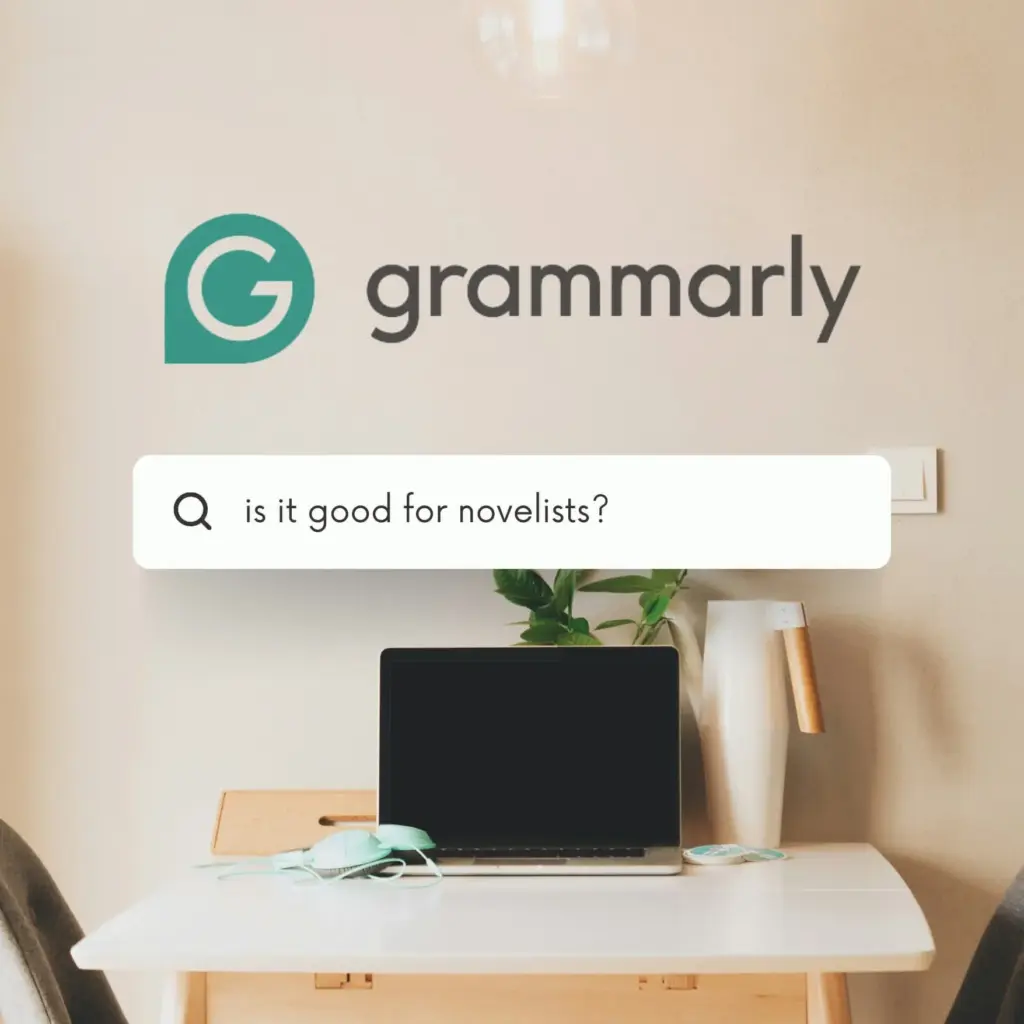 Grammarly+Review 1 Laptop on a desk with Grammarly logo and search query is it good for novelists? in a cozy workspace setting. | Sky Rye Design Laptop on a desk with Grammarly logo and search query is it good for novelists? in a cozy workspace setting.