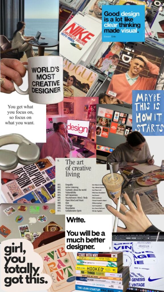 Collage of design inspiration images, books, motivational quotes, and creative workspaces, illustrating a designer's journey and creativity.