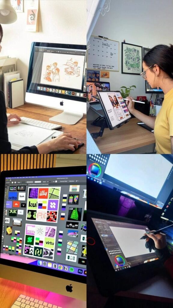 Graphic designer Digital art creation using tablets and computers; artists use styluses to design and draw on screens in a creative workspace. | Sky Rye Design Digital art creation using tablets and computers; artists use styluses to design and draw on screens in a creative workspace.