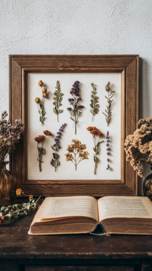 Framed dried flowers above an open book on a rustic table, creating a cozy, vintage atmosphere with natural decor elements.