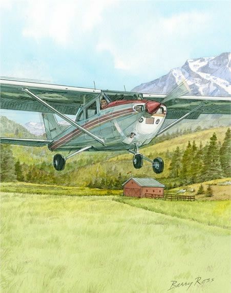 Small airplane flying over grassy field with mountains in the background, near a rustic barn. Scenic landscape with blue sky and clouds.