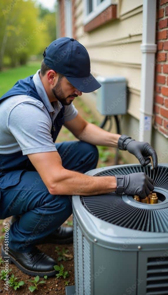 HVAC technician repairing air conditioning unit outdoors Stock Photo Technician in uniform servicing an outdoor air conditioning unit, ensuring efficient home cooling and reliable HVAC performance. | Sky Rye Design Technician in uniform servicing an outdoor air conditioning unit, ensuring efficient home cooling and reliable HVAC performance.