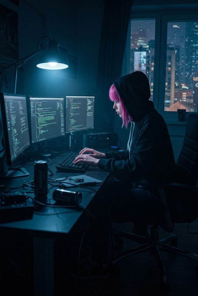 Person with pink hair coding on multiple screens at night in a city apartment, focused on programming.