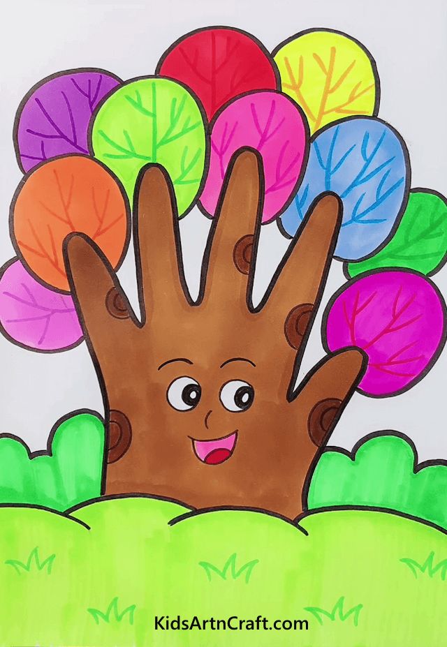 Cartoon tree with a smiling face and colorful leaves. Fun, kid-friendly illustration promoting creativity and eco-awareness.