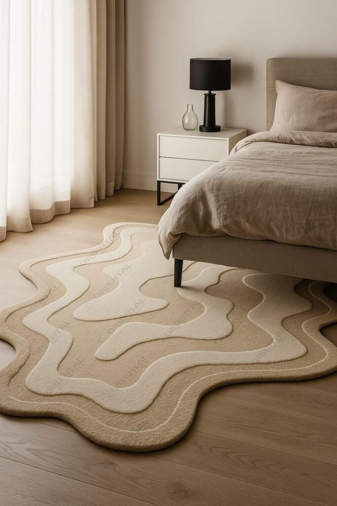 Abstract beige rug in modern bedroom with soft bedding and black lamp on a nightstand by natural light curtains.