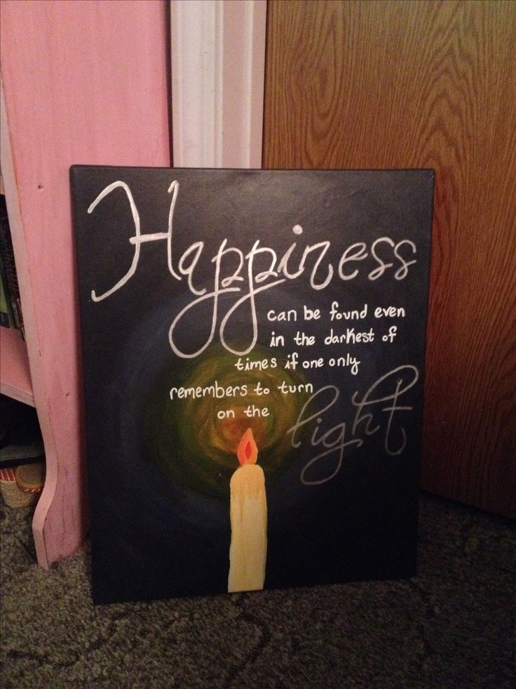Inspirational canvas art with the quote about happiness and a glowing candle illustration.