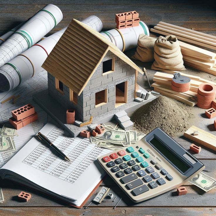 Hausverkauf oder Renovierung_ Die finanzielle Abwägung bei steigenden Kosten Miniature house model with construction tools, plans, and calculator, symbolizing home building costs and budgeting essentials. | Sky Rye Design Miniature house model with construction tools, plans, and calculator, symbolizing home building costs and budgeting essentials.